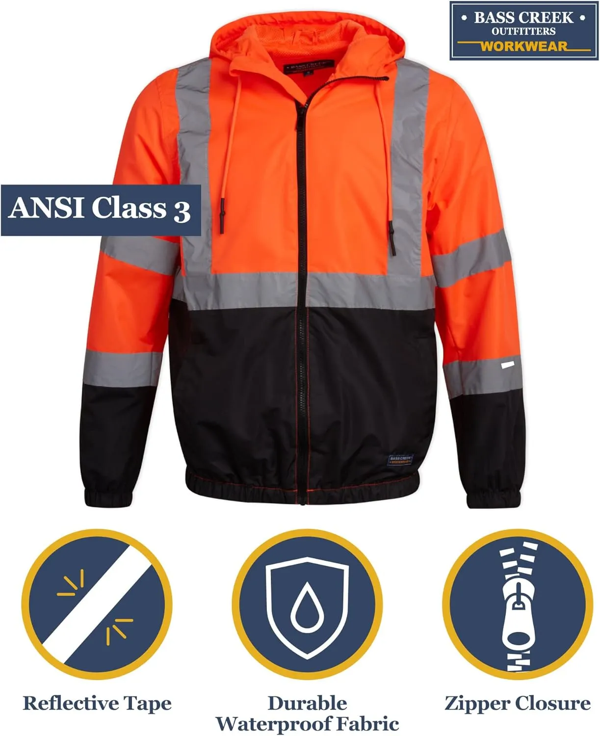 Bass Creek Outfitters Men's Hi Vis Jacket - ANSI Class 3 Safety Rain High Vis Waterproof Reflective Workwear (Sizes: M-XXL)
