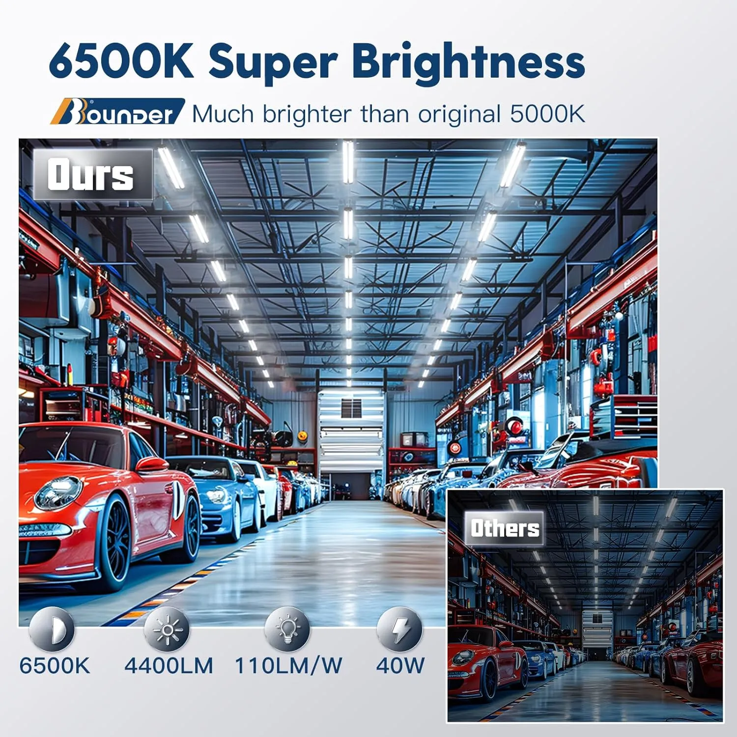 BBOUNDER 4 Pack Linkable LED Utility Shop Light, 4400 LM, Super Bright 6500K Cool Daylight, 4 FT Integrated Fixture for Garage, 40W Equivalent 250W, Surface   Suspension Mount, Black