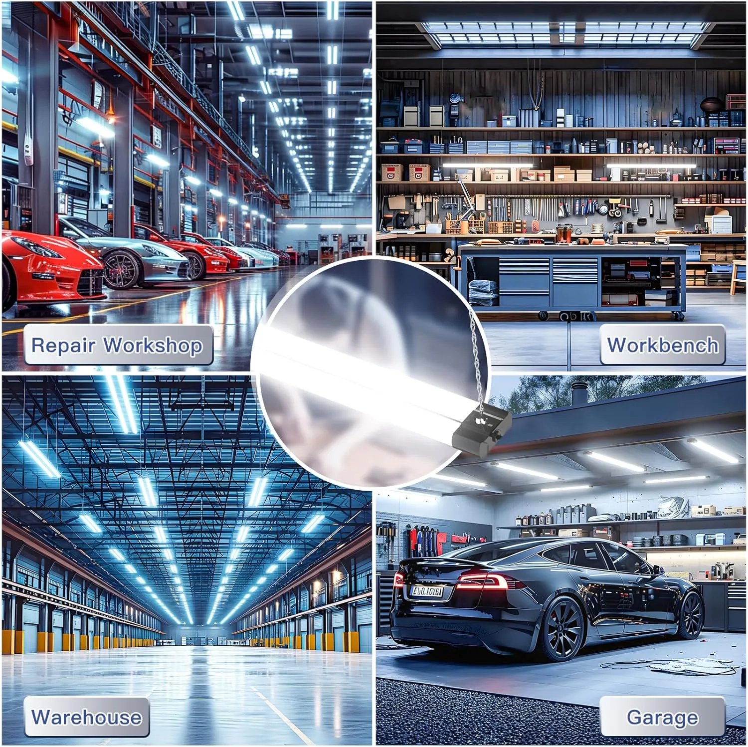 BBOUNDER 4 Pack Linkable LED Utility Shop Light, 4400 LM, Super Bright 6500K Cool Daylight, 4 FT Integrated Fixture for Garage, 40W Equivalent 250W, Surface   Suspension Mount, Black