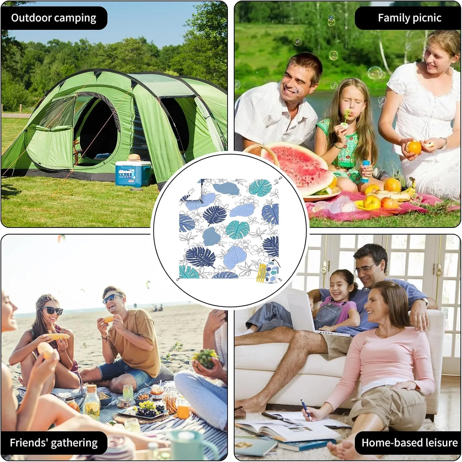 Beach Blanket Waterproof Sandproof Extra Large 80"x80" Sand Free Mat for 1-8 Adults, Quick Drying with 4 Stakes & Corner Pockets for Beach Travel Camping Picnic Hiking, Tropical Leaves