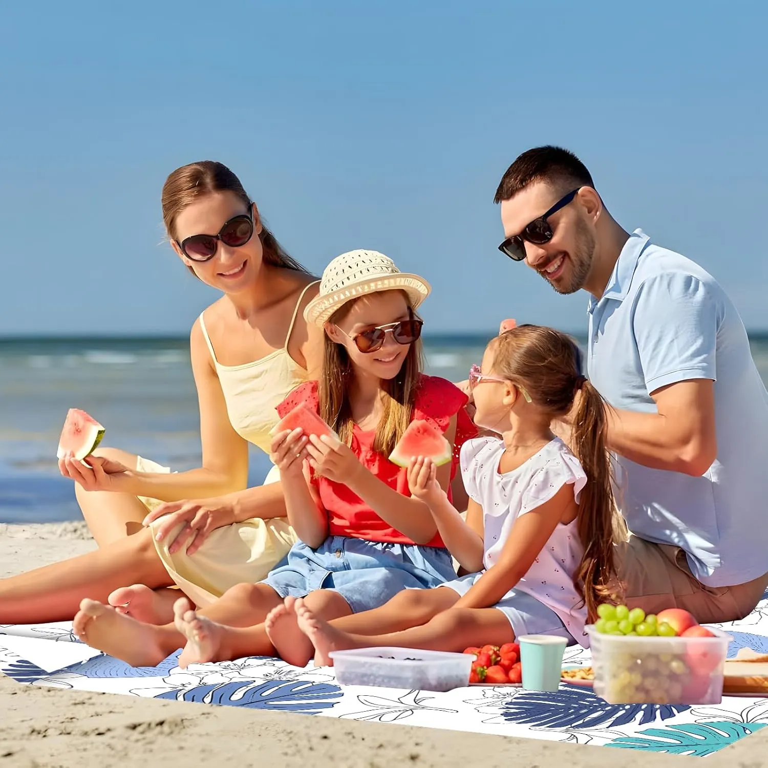 Beach Blanket Waterproof Sandproof Extra Large 80"x80" Sand Free Mat for 1-8 Adults, Quick Drying with 4 Stakes & Corner Pockets for Beach Travel Camping Picnic Hiking, Tropical Leaves
