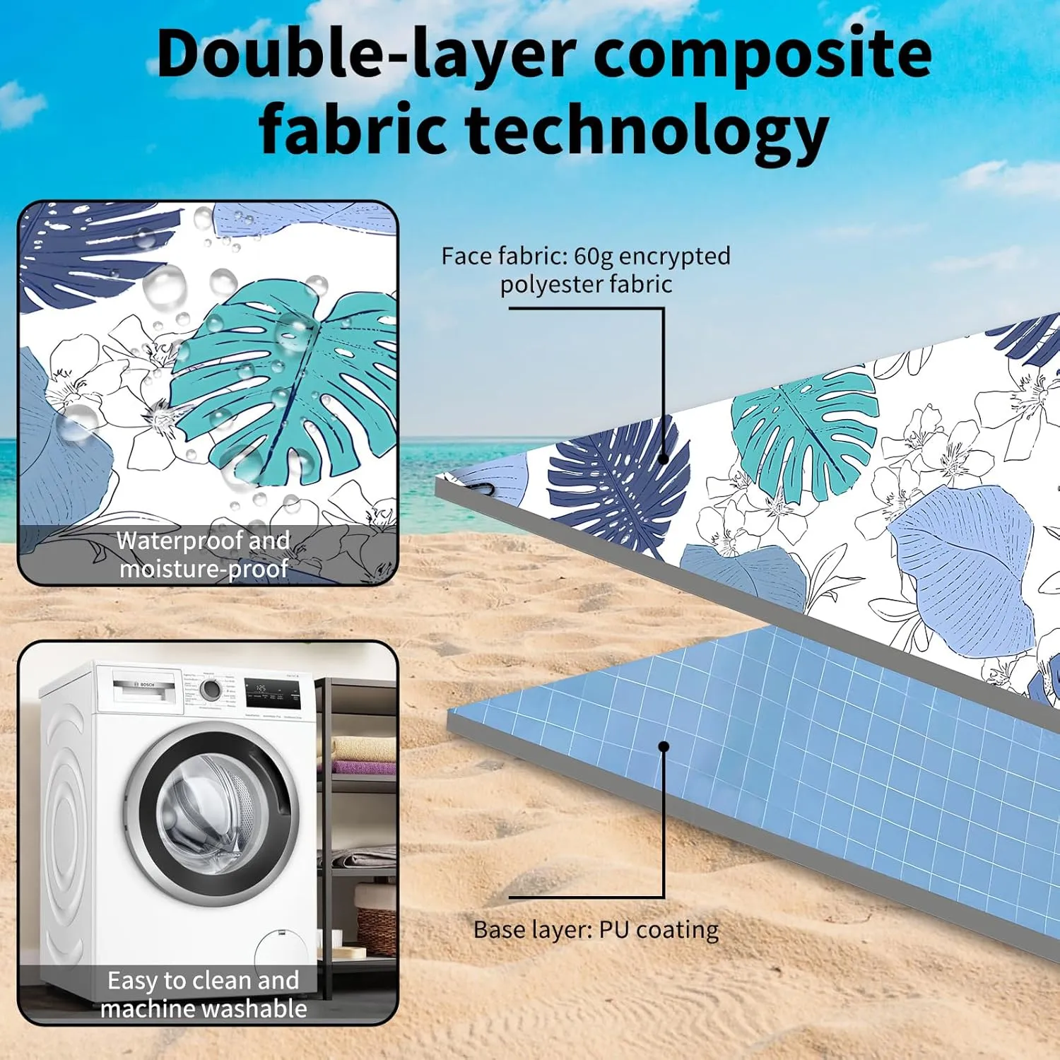 Beach Blanket Waterproof Sandproof Extra Large 80"x80" Sand Free Mat for 1-8 Adults, Quick Drying with 4 Stakes & Corner Pockets for Beach Travel Camping Picnic Hiking, Tropical Leaves