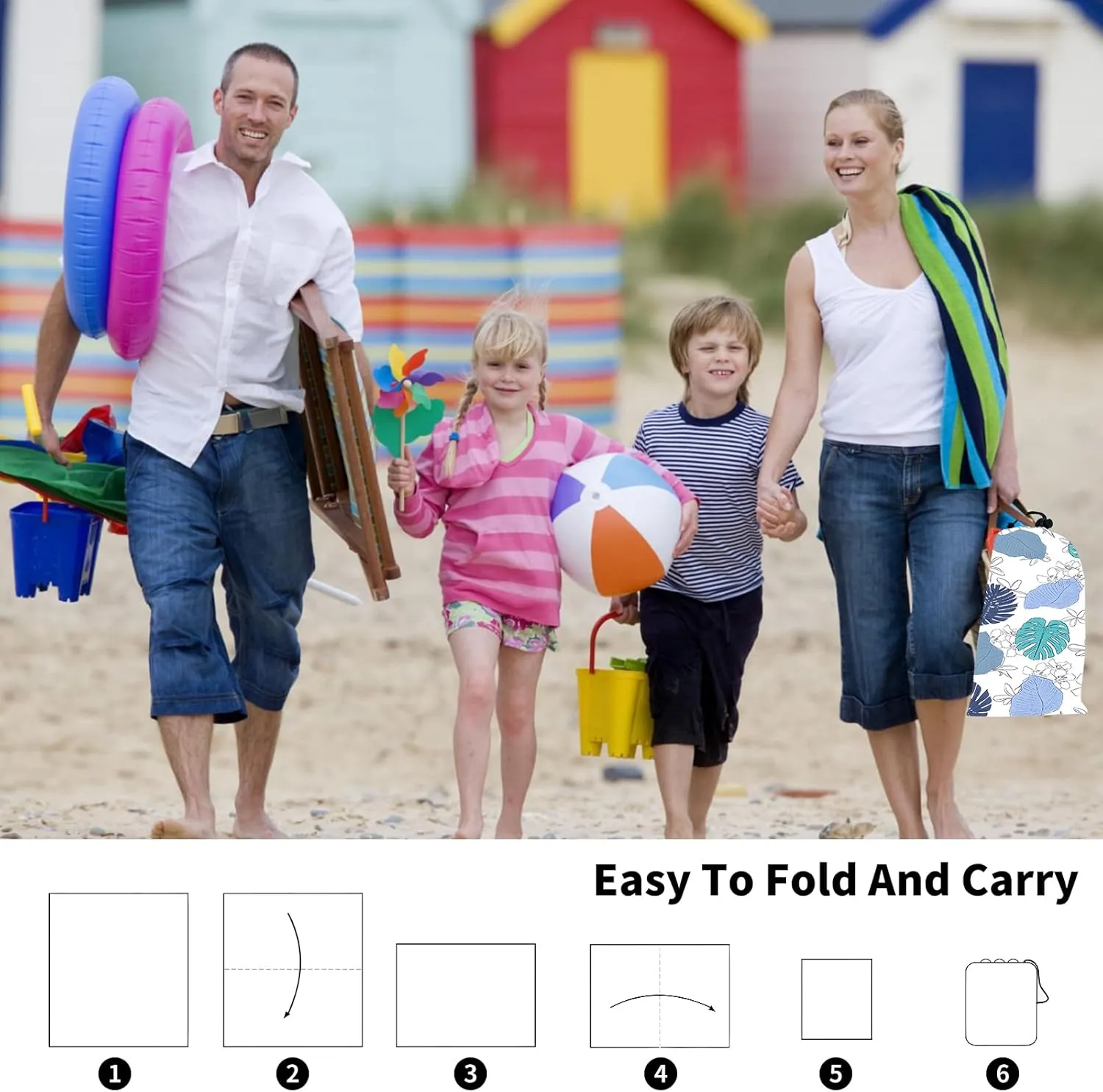 Beach Blanket Waterproof Sandproof Extra Large 80"x80" Sand Free Mat for 1-8 Adults, Quick Drying with 4 Stakes & Corner Pockets for Beach Travel Camping Picnic Hiking, Tropical Leaves