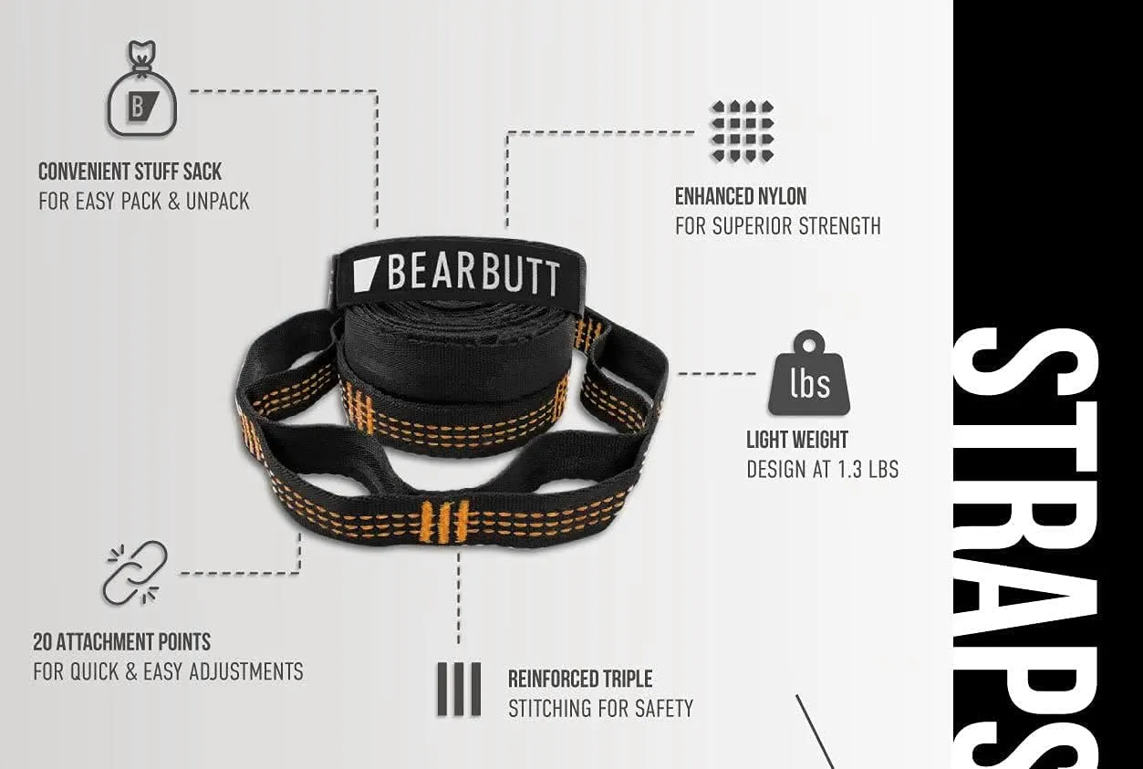Bear Butt Kodiak Hammock Straps for Trees - 20 Feet Long, 40 Combined Loops - Holds 1000 Pounds - Camping Accessories With Carabiner