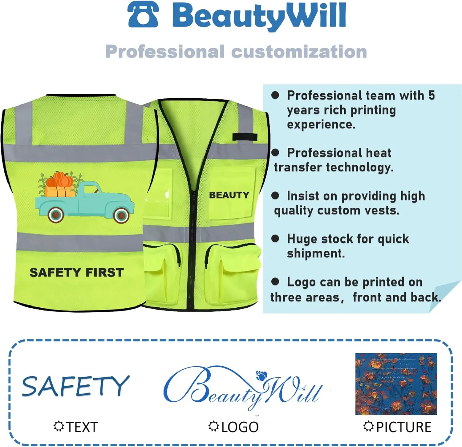 BeautyWill Custom Logo Safety Vest Class2 High Visibility Reflective Vest Breathable Construction Vest