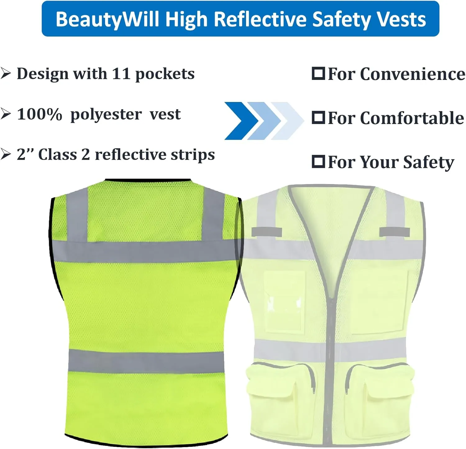 BeautyWill Custom Logo Safety Vest Class2 High Visibility Reflective Vest Breathable Construction Vest