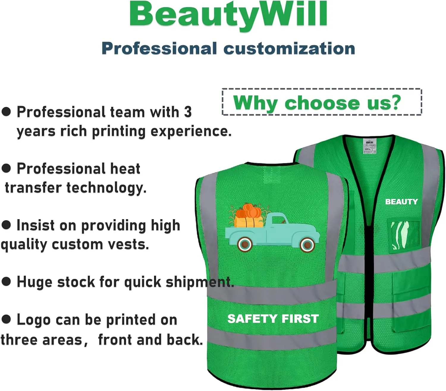 BeautyWill Custom Logo Safety Vest Class2 High Visibility Reflective Vest Breathable Construction Vest