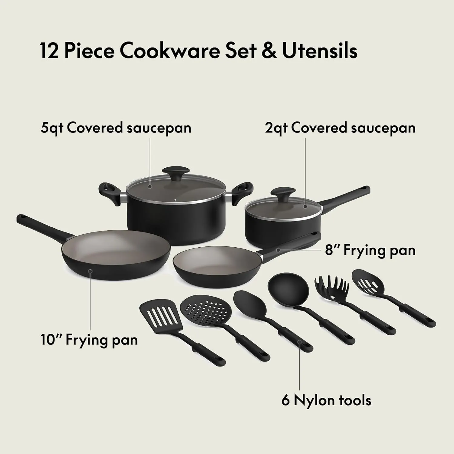 bella 12 Piece Cookware Set with EverGood™ Ceramic Nonstick Coating​, Dishwasher & Oven Safe, All Stovetops Compatible, Tempered Glass Lids and Cool Touch Handles, Black