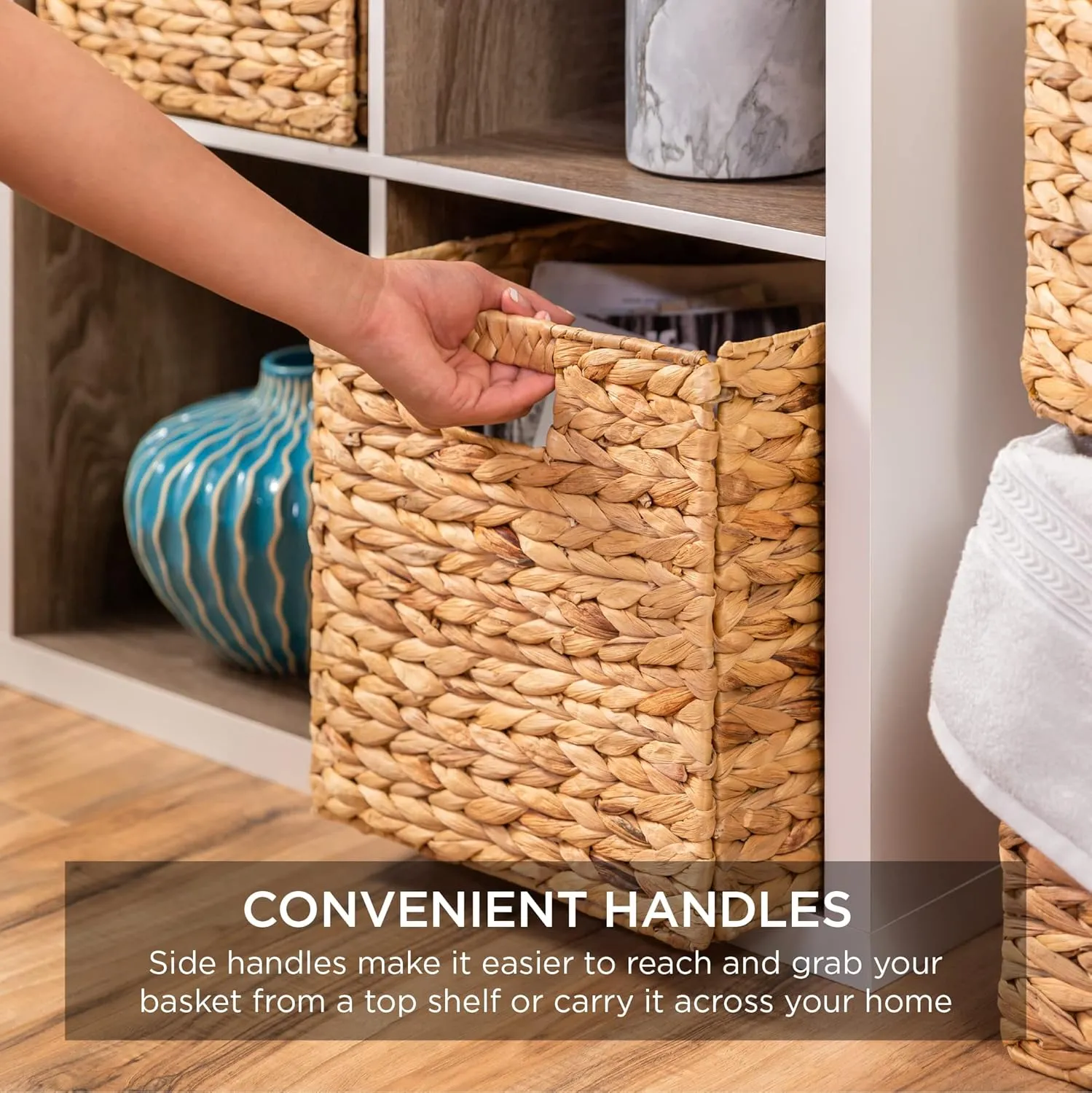 Best Choice Products 12x12in Hyacinth Baskets, Rustic Set Of 5 Multipurpose Collapsible Storage Organizer, Handwoven Laundry Totes for Bedroom, Living Room, Shelves w/Inserts - Natural