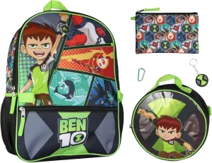 Bioworld Ben 10 Omnitrix Aliens 5pc School Travel 16" Backpack Set Lunch Box Pencil Bag Keychain Carabiner