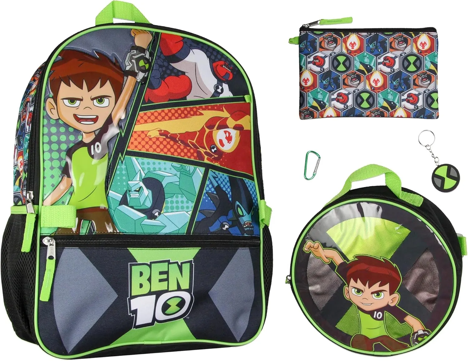 Bioworld Ben 10 Omnitrix Aliens 5pc School Travel 16" Backpack Set Lunch Box Pencil Bag Keychain Carabiner
