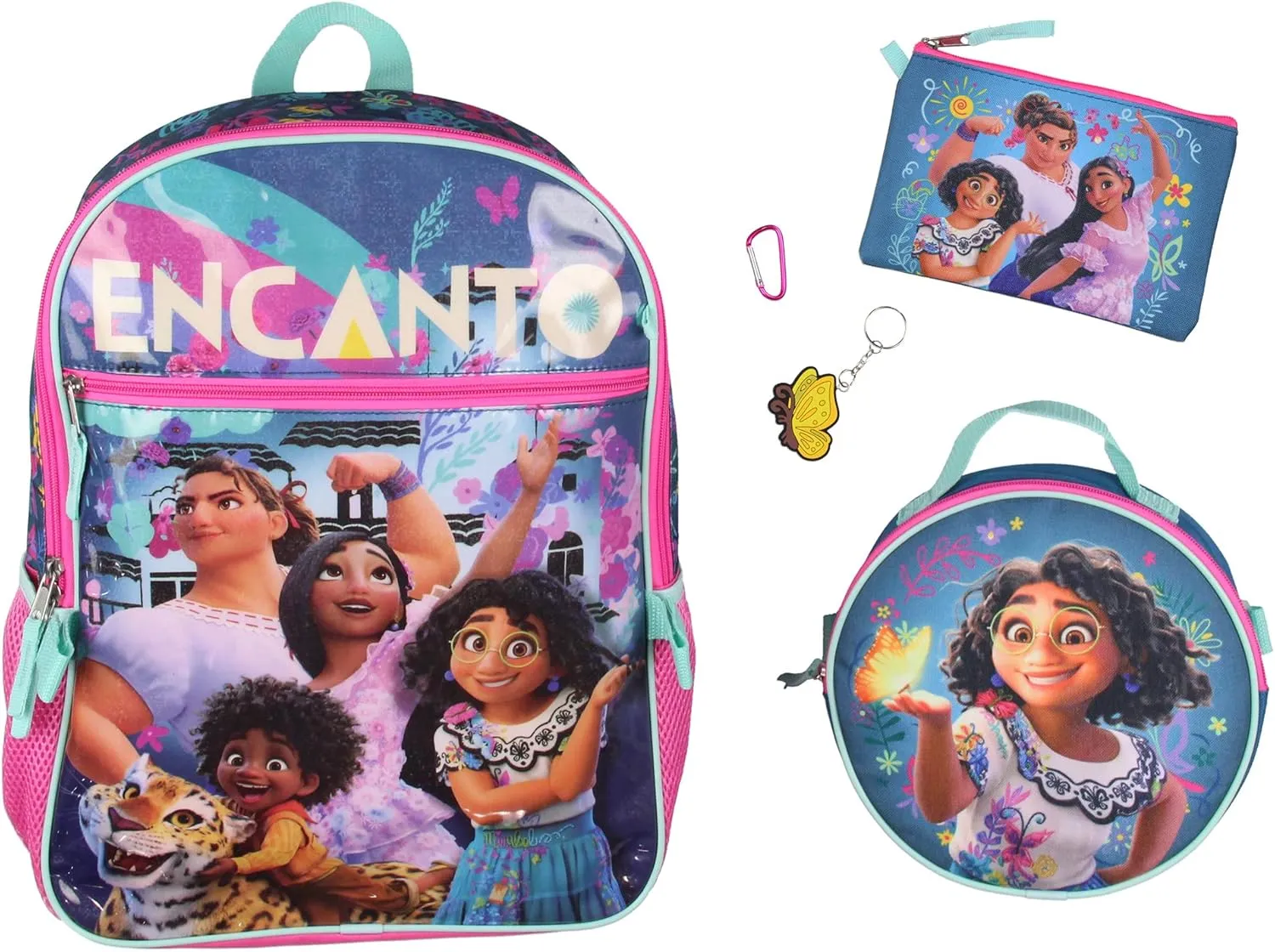 Bioworld Disney Encanto 5 Pc Backpack Set Lunch Box Pencil Case Keychain and Carabiner