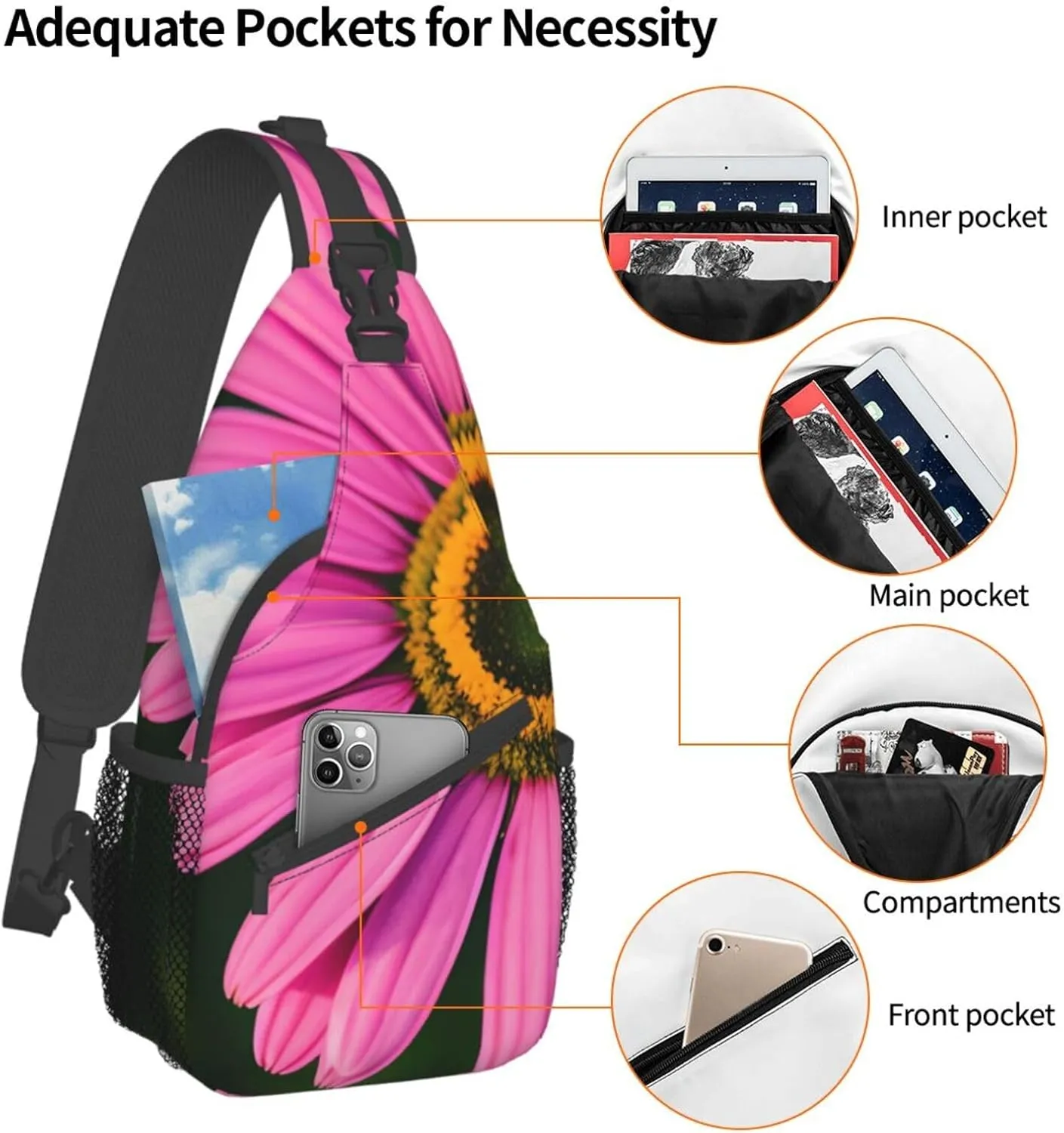 Black Blackgound Rose Crossbody Sling Backpack Sling Bag Travel Hiking Chest Bag Daypack For Women Men