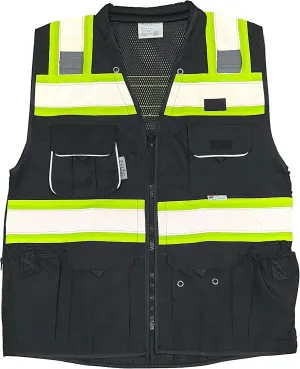 Black Safety Vest, XX-Large, Men's Professional Surveyors Vest with Zipper and Utility Pockets