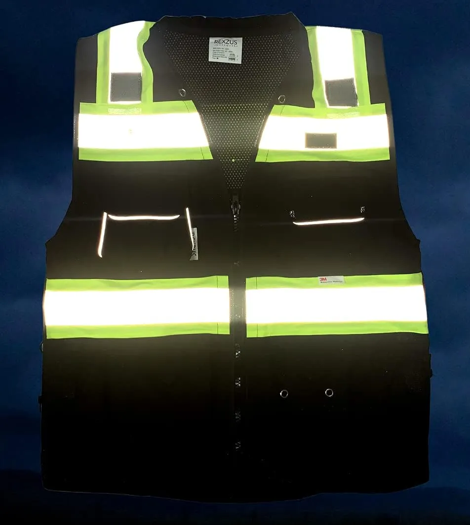 Black Safety Vest, XX-Large, Men's Professional Surveyors Vest with Zipper and Utility Pockets