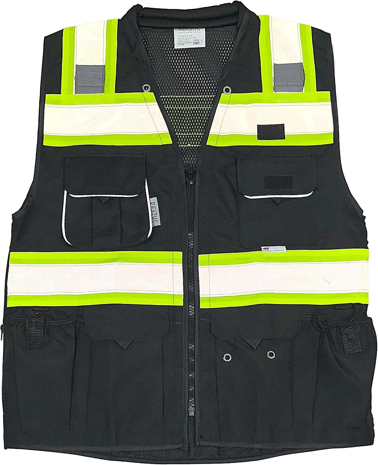 Black Safety Vest, XX-Large, Men's Professional Surveyors Vest with Zipper and Utility Pockets