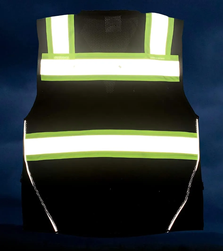 Black Safety Vest, XX-Large, Men's Professional Surveyors Vest with Zipper and Utility Pockets