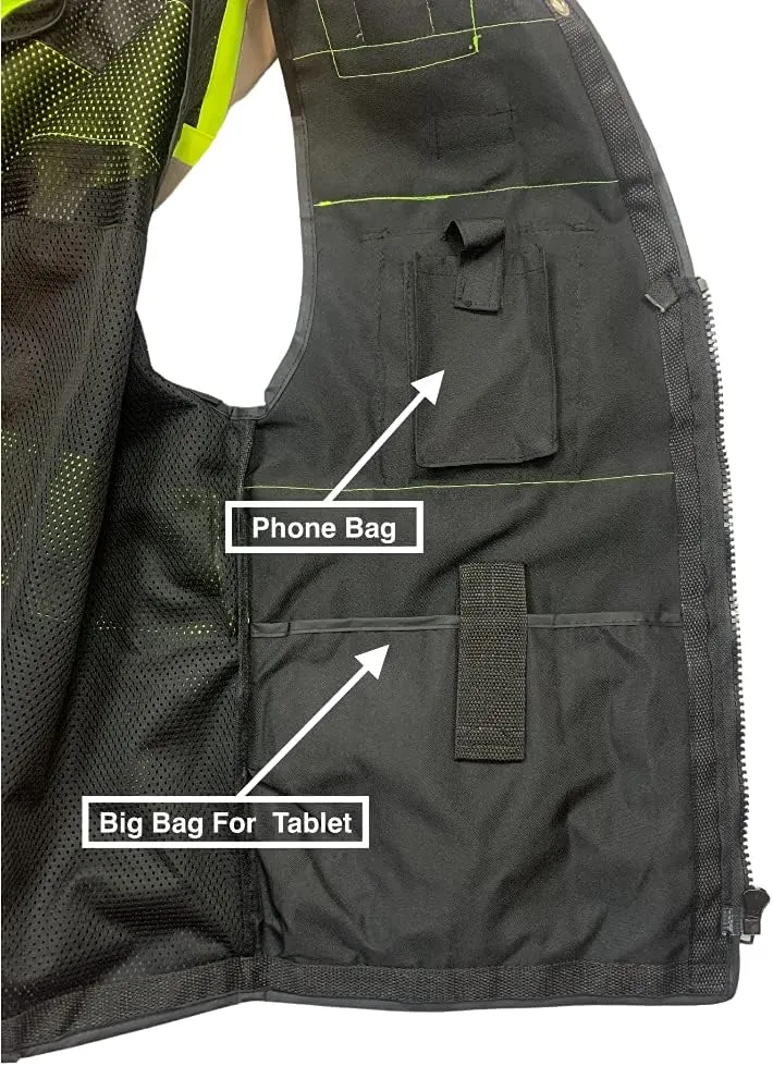 Black Safety Vest, XX-Large, Men's Professional Surveyors Vest with Zipper and Utility Pockets