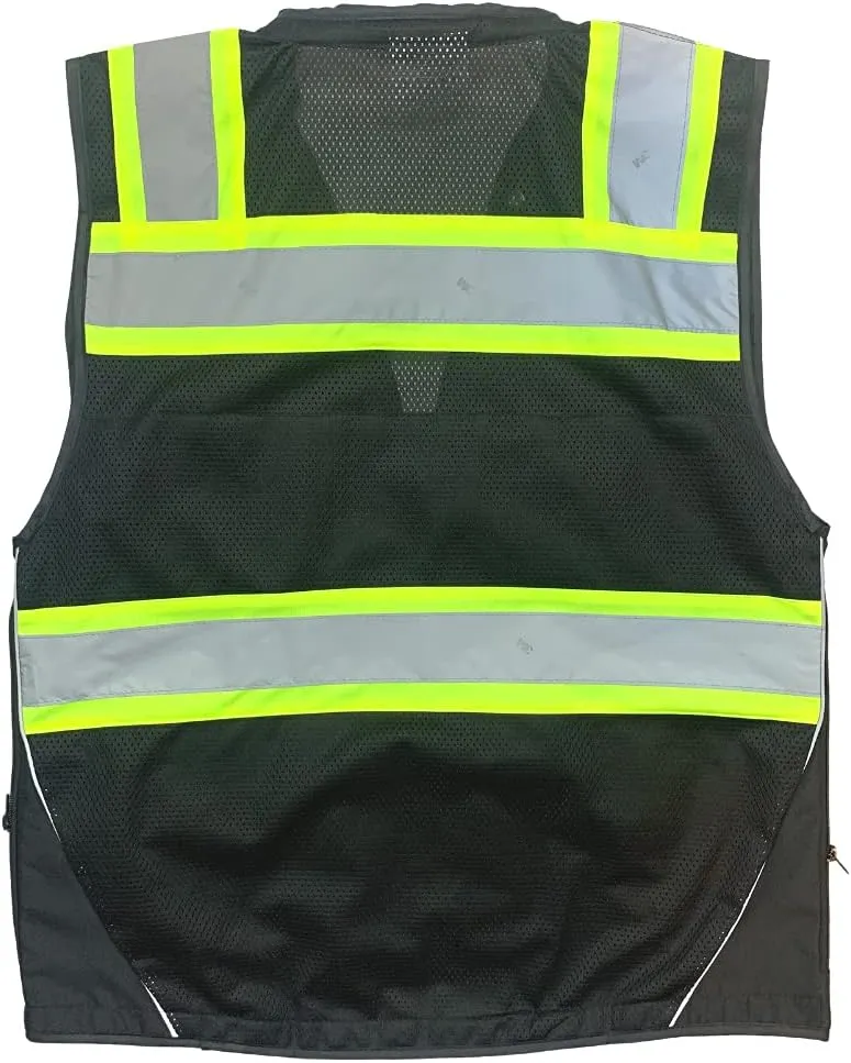 Black Safety Vest, XX-Large, Men's Professional Surveyors Vest with Zipper and Utility Pockets