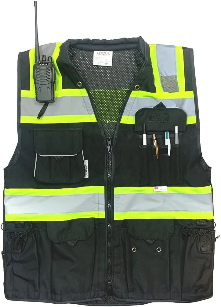 Black Safety Vest, XX-Large, Men's Professional Surveyors Vest with Zipper and Utility Pockets