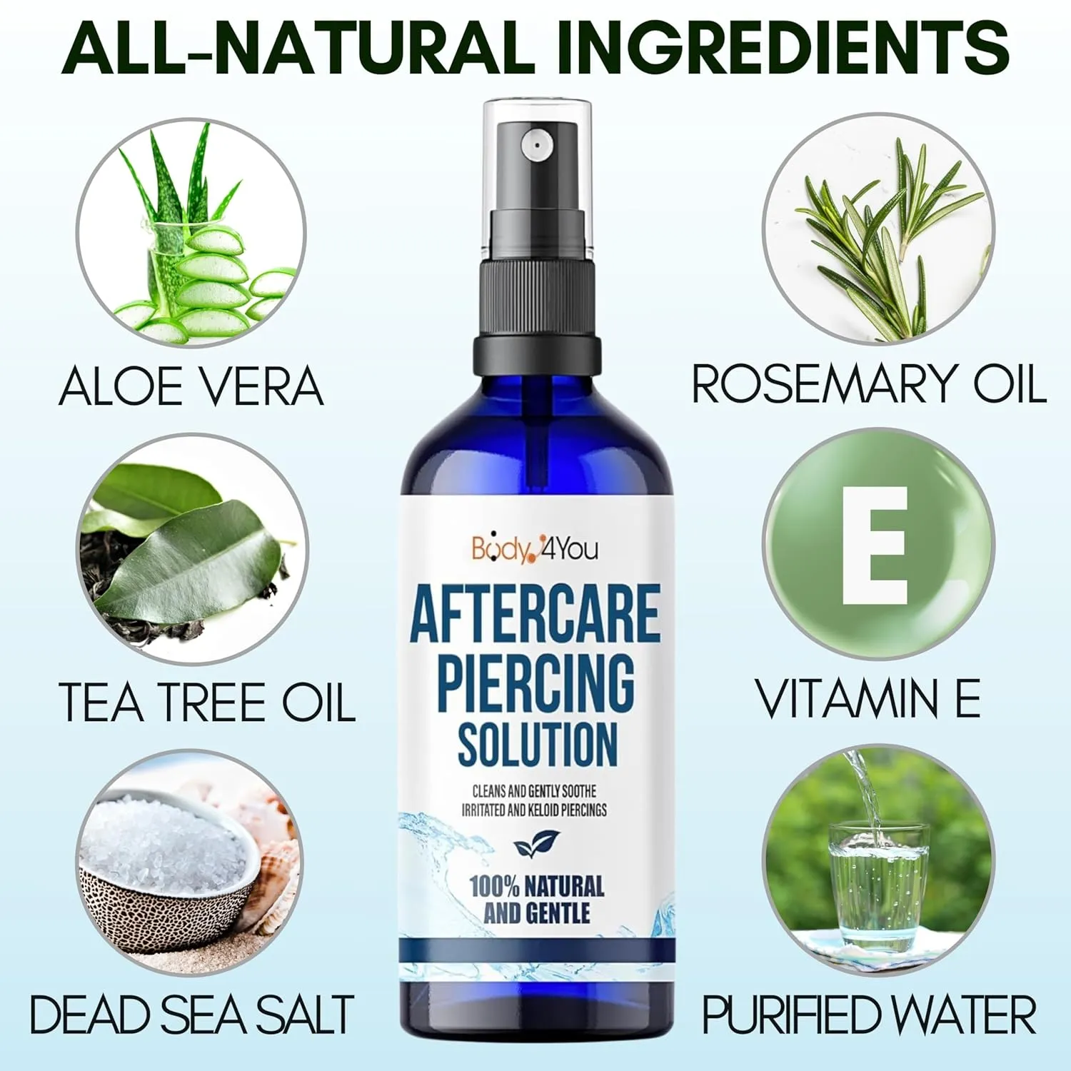 BodyJ4You Piercing Aftercare Spray - Saline Solution Natural Keloid Bump Removal - Ear Piercing Cleaner Nose Septum Belly Button Cartilage - Sea Salt Aloe Vera Rosemary - Fine Mist 3 x 2 Fl Oz