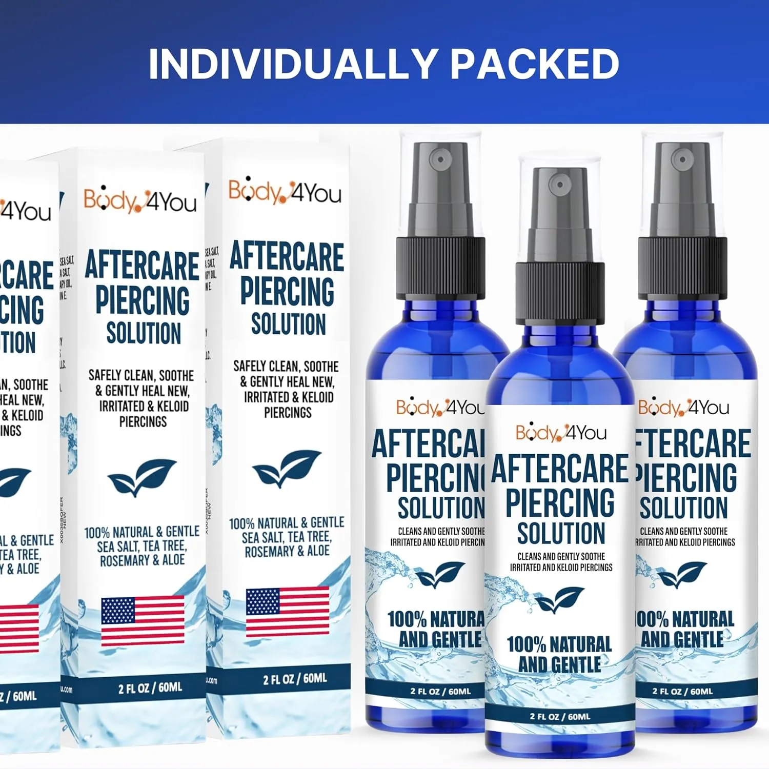 BodyJ4You Piercing Aftercare Spray - Saline Solution Natural Keloid Bump Removal - Ear Piercing Cleaner Nose Septum Belly Button Cartilage - Sea Salt Aloe Vera Rosemary - Fine Mist 3 x 2 Fl Oz