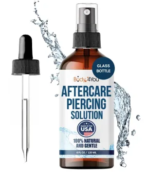 BodyJ4You Piercing Aftercare Spray w Dropper - Saline Natural Recovery Formula - Tea Tree Sea Salt Aloe Rosemary - Ear Piercing Kit Gauges Navel - Wound Care Keloid Bump Removal - Glass Bottle 4 Fl Oz