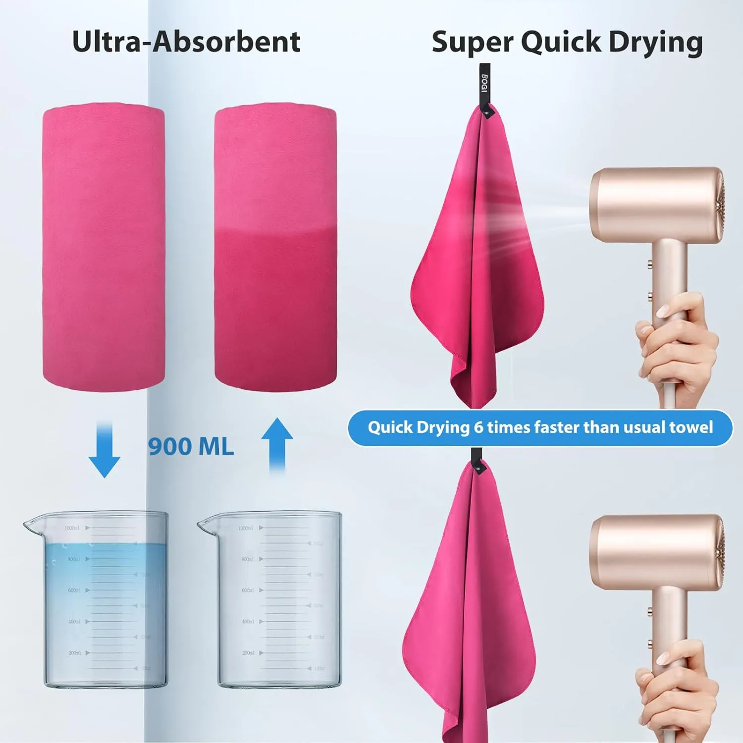 BOGI Microfiber Travel Sports Towel-Quick Dry Towel, Soft Lightweight Microfiber Camping Towel Absorbent Compact Travel Towel for Camping Gym Yoga Swimming Backpacking (L:60''x30'' 16''x16''-Hpink)