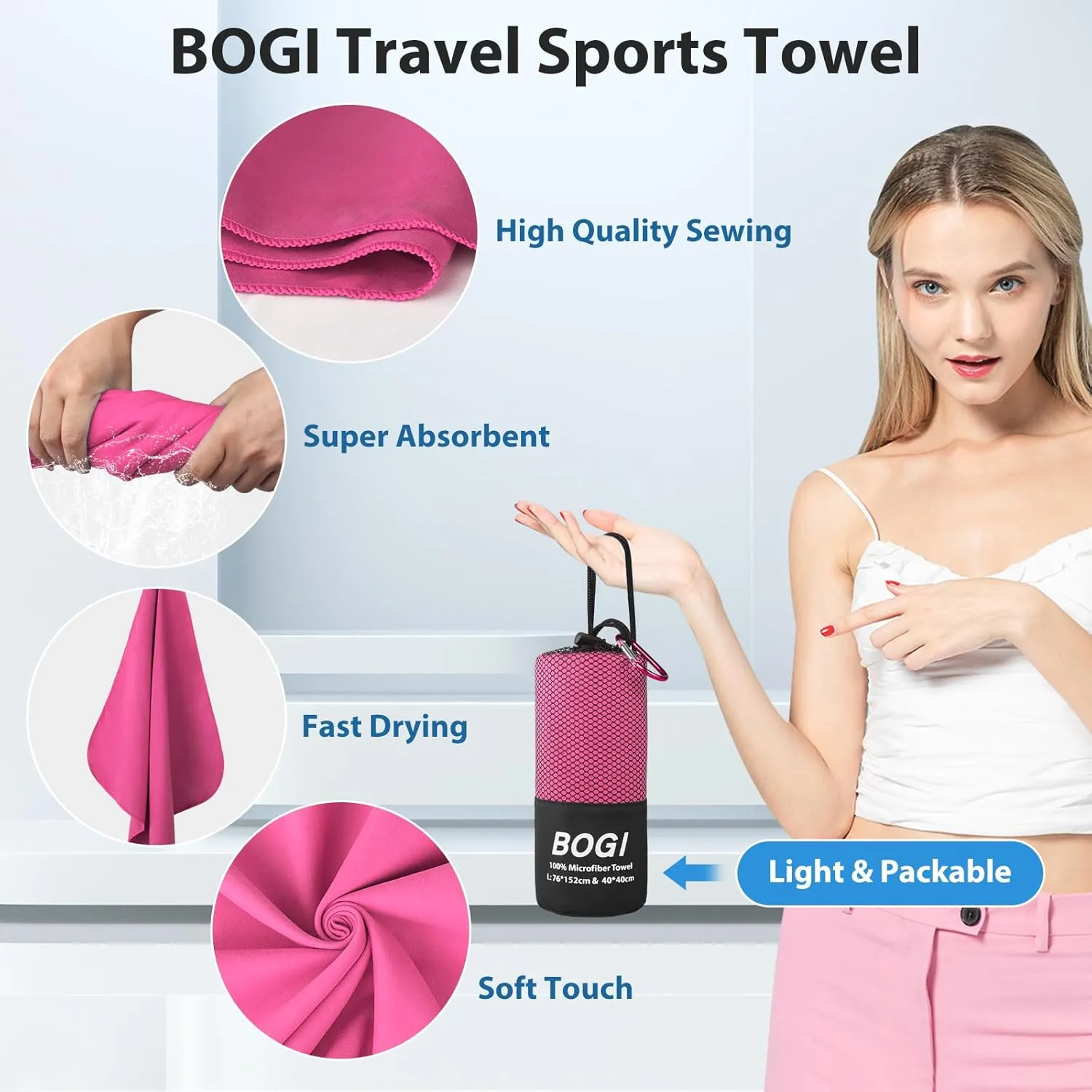 BOGI Microfiber Travel Sports Towel-Quick Dry Towel, Soft Lightweight Microfiber Camping Towel Absorbent Compact Travel Towel for Camping Gym Yoga Swimming Backpacking (L:60''x30'' 16''x16''-Hpink)