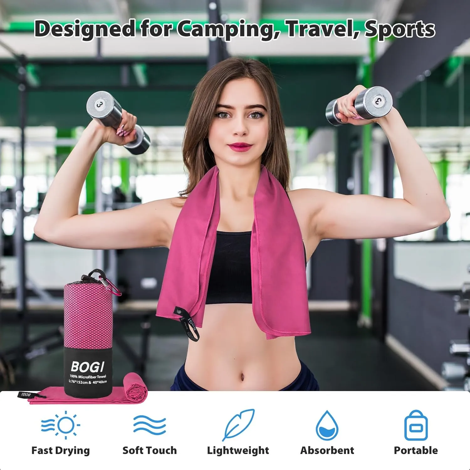 BOGI Microfiber Travel Sports Towel-Quick Dry Towel, Soft Lightweight Microfiber Camping Towel Absorbent Compact Travel Towel for Camping Gym Yoga Swimming Backpacking (L:60''x30'' 16''x16''-Hpink)