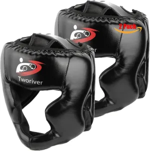 Boxing Headgear 1 or 2 Pack, One Size Fits All Ages MMA Headgear, Closed Type Boxing Helmet, Sparring MMA Muay Thai Kick Brace (Black-Black)