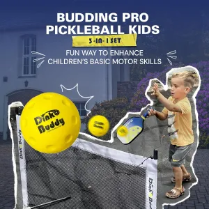 Budding Pro 3-in-1 (with 1 Collapsible Kids’ Pickleball Net) & 2-in-1 Options, Pickleball Kiddie Set, Complete with 4 Kelso Balls, 2 Mini Paddles, & 1 Child-Sized Drawstring Backpack