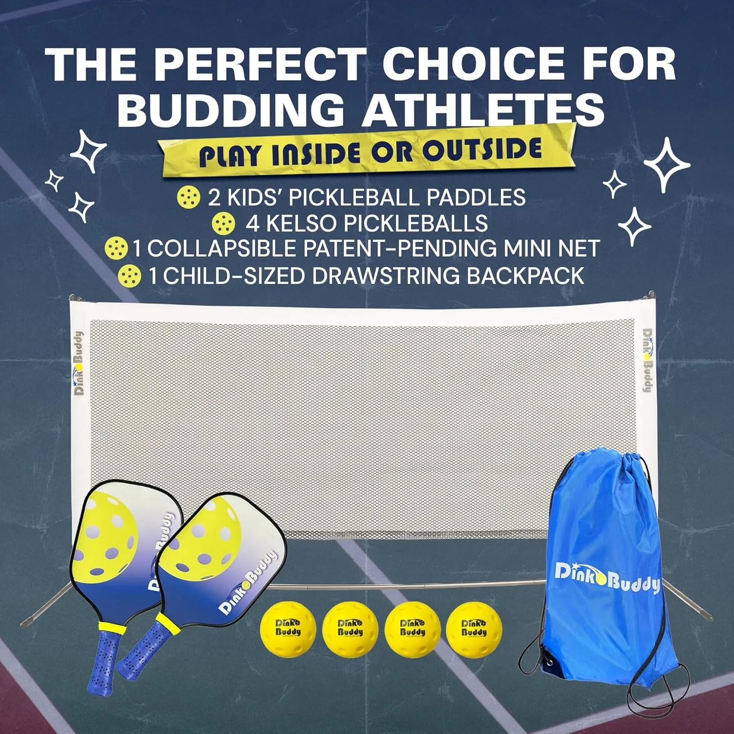 Budding Pro 3-in-1 (with 1 Collapsible Kids’ Pickleball Net) & 2-in-1 Options, Pickleball Kiddie Set, Complete with 4 Kelso Balls, 2 Mini Paddles, & 1 Child-Sized Drawstring Backpack