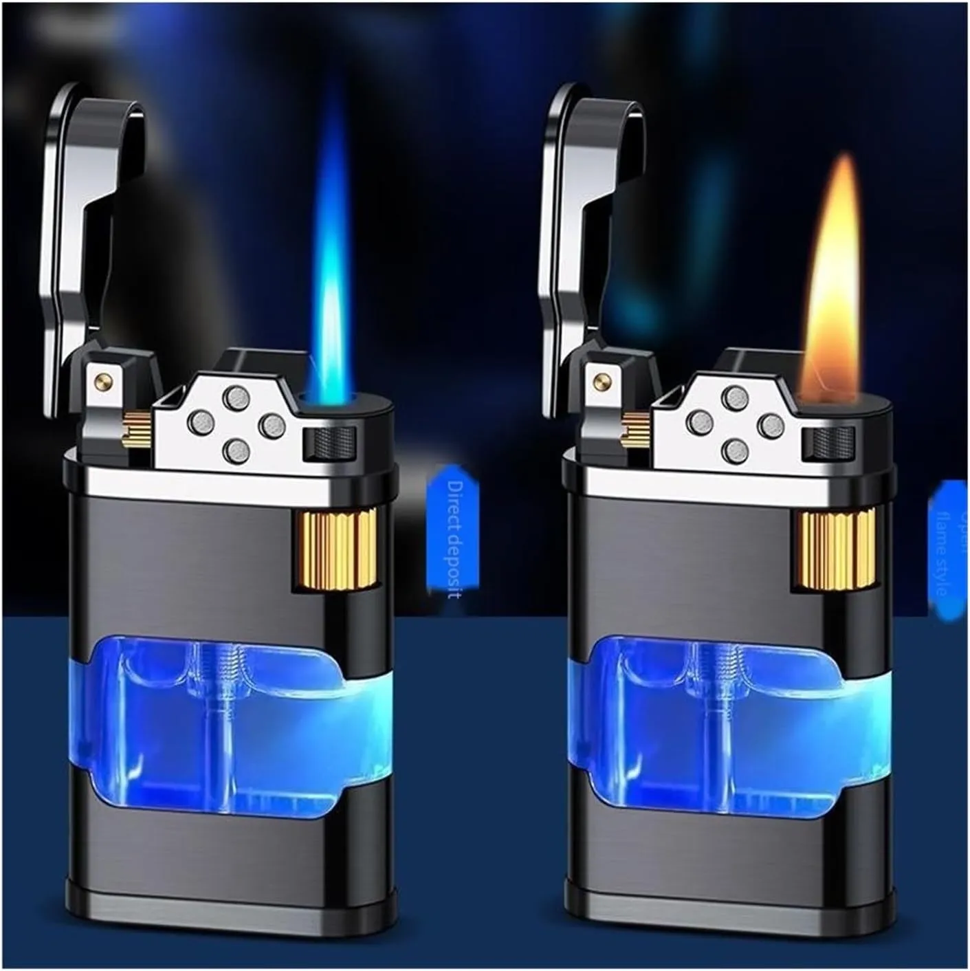Butane Lighter With High Capacity Visual Gas Chamber - Jet Flame, Open Flame, Portable, Cigar Lighter - Refillable, Men's Gift (Color: Soft Fire Flam)