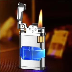 Butane Lighter With High Capacity Visual Gas Chamber - Jet Flame, Open Flame, Portable, Cigar Lighter - Refillable, Men's Gift (Color: Soft Fire Flam)