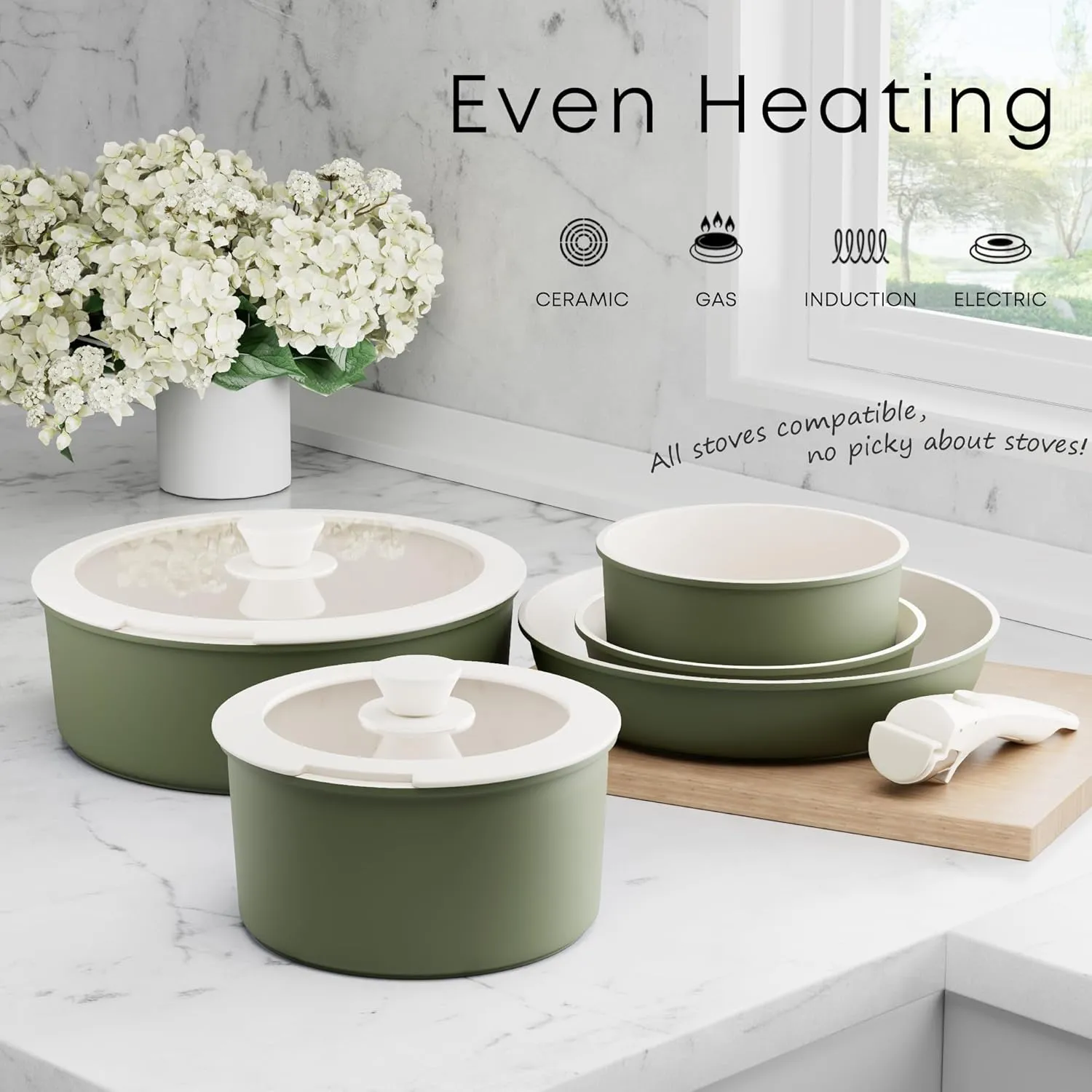Caannasweis Detachable Nonstick Cookware Set - Stackable Induction Pots and Pans With Removable Handles, Dishwasher Safe - For RV Camping, Oven and Stovetop Use, 5 Pieces (Green)