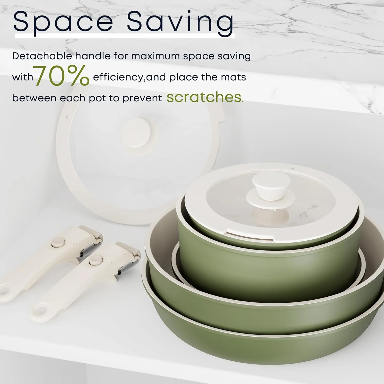 Caannasweis Detachable Nonstick Cookware Set - Stackable Induction Pots and Pans With Removable Handles, Dishwasher Safe - For RV Camping, Oven and Stovetop Use, 5 Pieces (Green)
