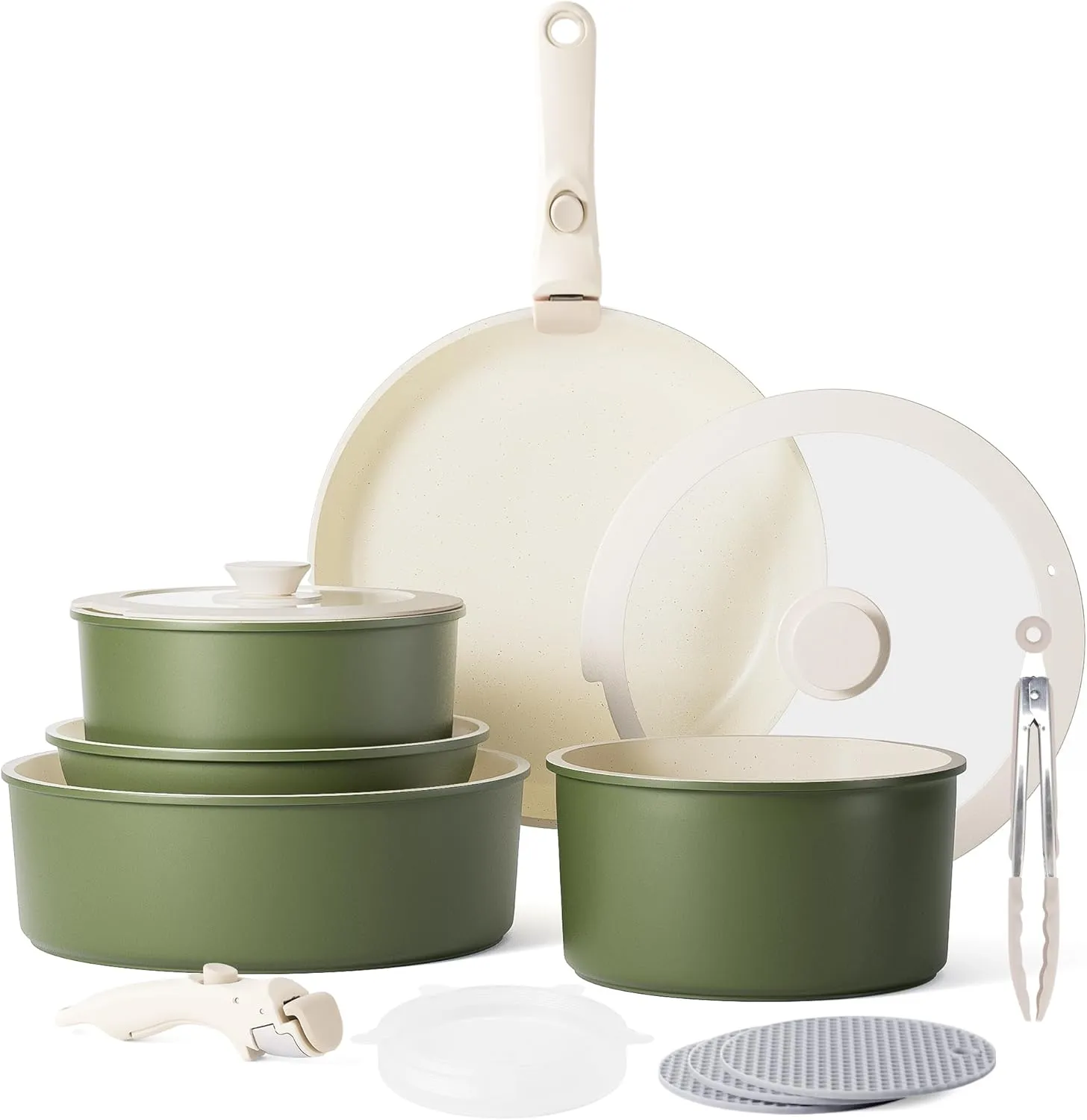 Caannasweis Detachable Nonstick Cookware Set - Stackable Induction Pots and Pans With Removable Handles, Dishwasher Safe - For RV Camping, Oven and Stovetop Use, 5 Pieces (Green)