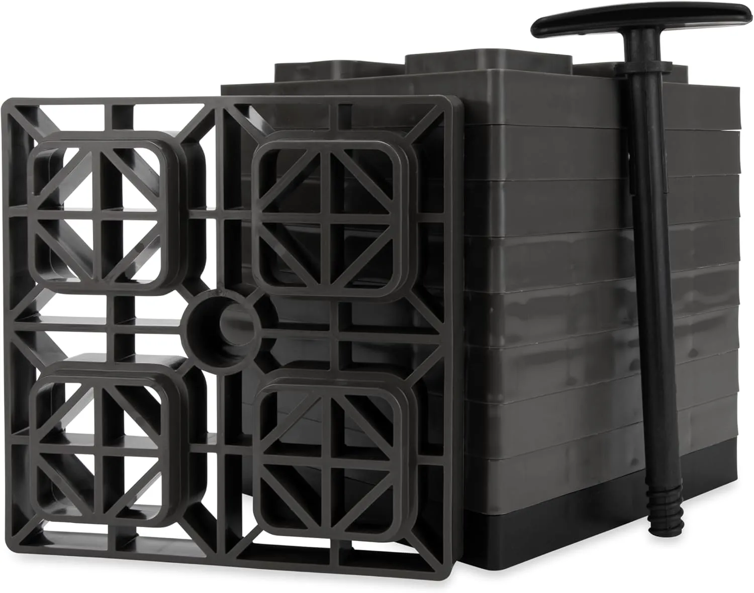 Camco Fasten Camper/RV Leveling Blocks - Features Interlocking Design for Customizable Height - Carrying Handle Twists to Secure Blocks for RV Storage - 8.5” x 8.5” x 1”, Brown, 10-Pack (21024)
