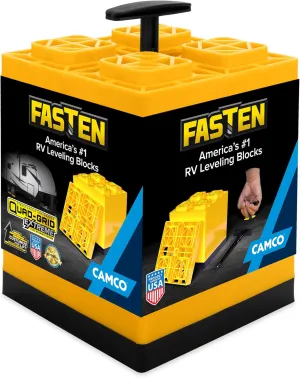 Camco Fasten RV Leveling Blocks - Features Interlocking Design for Customizable Height - Carrying Handle Twists to Secure Blocks for RV Storage - 8.5” x 8.5” x 1”, Yellow, 10-Pack (21022)