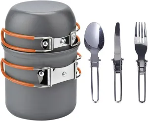 Camping Cookware Mess Kit, Non-Stick Lightweight Pot Pan with Folding Pot Spoon Fork Cutter for Camping, Backpacking, Outdoor Cooking & Picnic ﻿