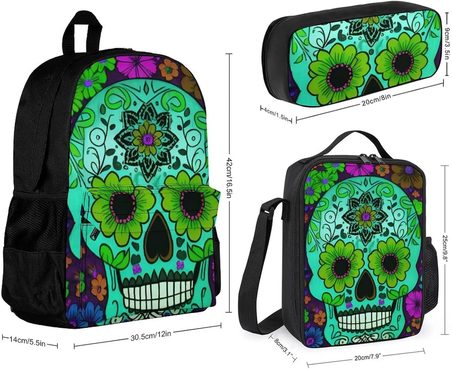 Camping Outdoor Backpack 3 Piece Daypack Climbing Shoulder Bag Big Capacity Daypack Grunge Mexican Sugar Skulls Day Of The Dead Flowers Art Daypack Backpack for Man/Women/Adults