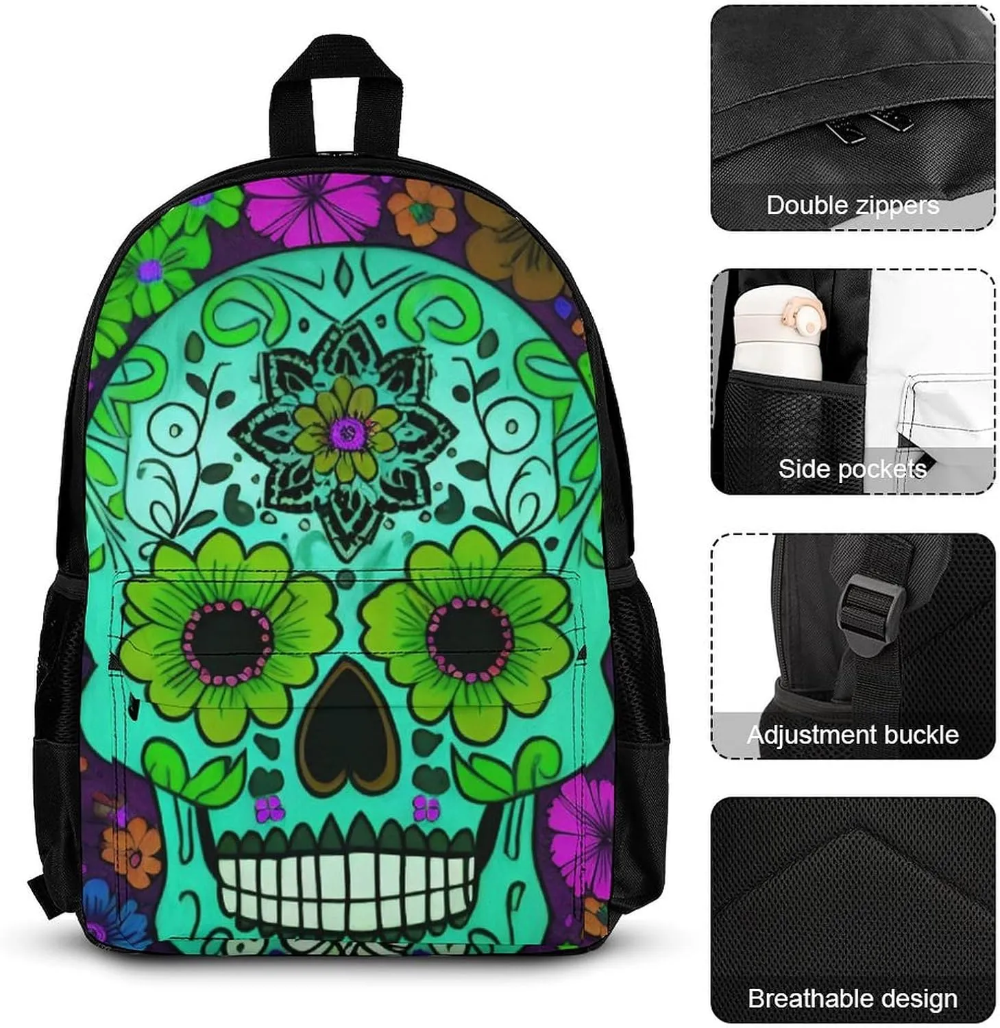 Camping Outdoor Backpack 3 Piece Daypack Climbing Shoulder Bag Big Capacity Daypack Grunge Mexican Sugar Skulls Day Of The Dead Flowers Art Daypack Backpack for Man/Women/Adults