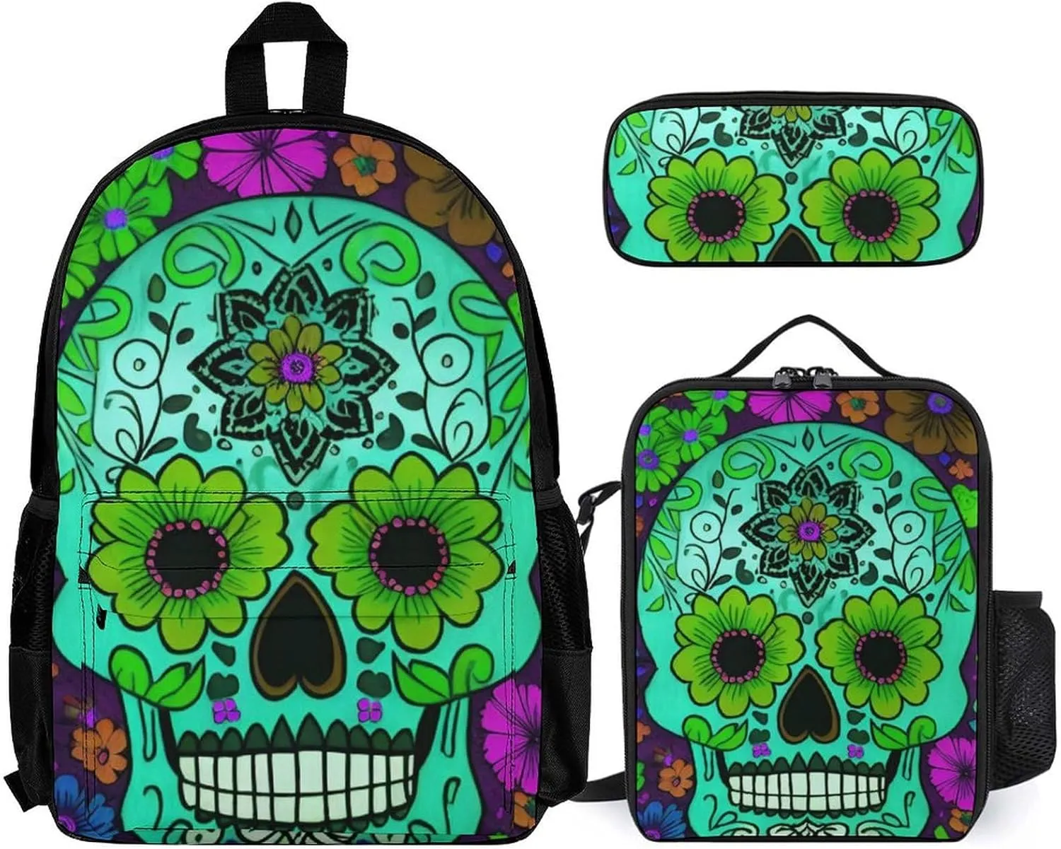 Camping Outdoor Backpack 3 Piece Daypack Climbing Shoulder Bag Big Capacity Daypack Grunge Mexican Sugar Skulls Day Of The Dead Flowers Art Daypack Backpack for Man/Women/Adults