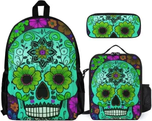 Camping Outdoor Backpack 3 Piece Daypack Climbing Shoulder Bag Big Capacity Daypack Grunge Mexican Sugar Skulls Day Of The Dead Flowers Art Daypack Backpack for Man/Women/Adults