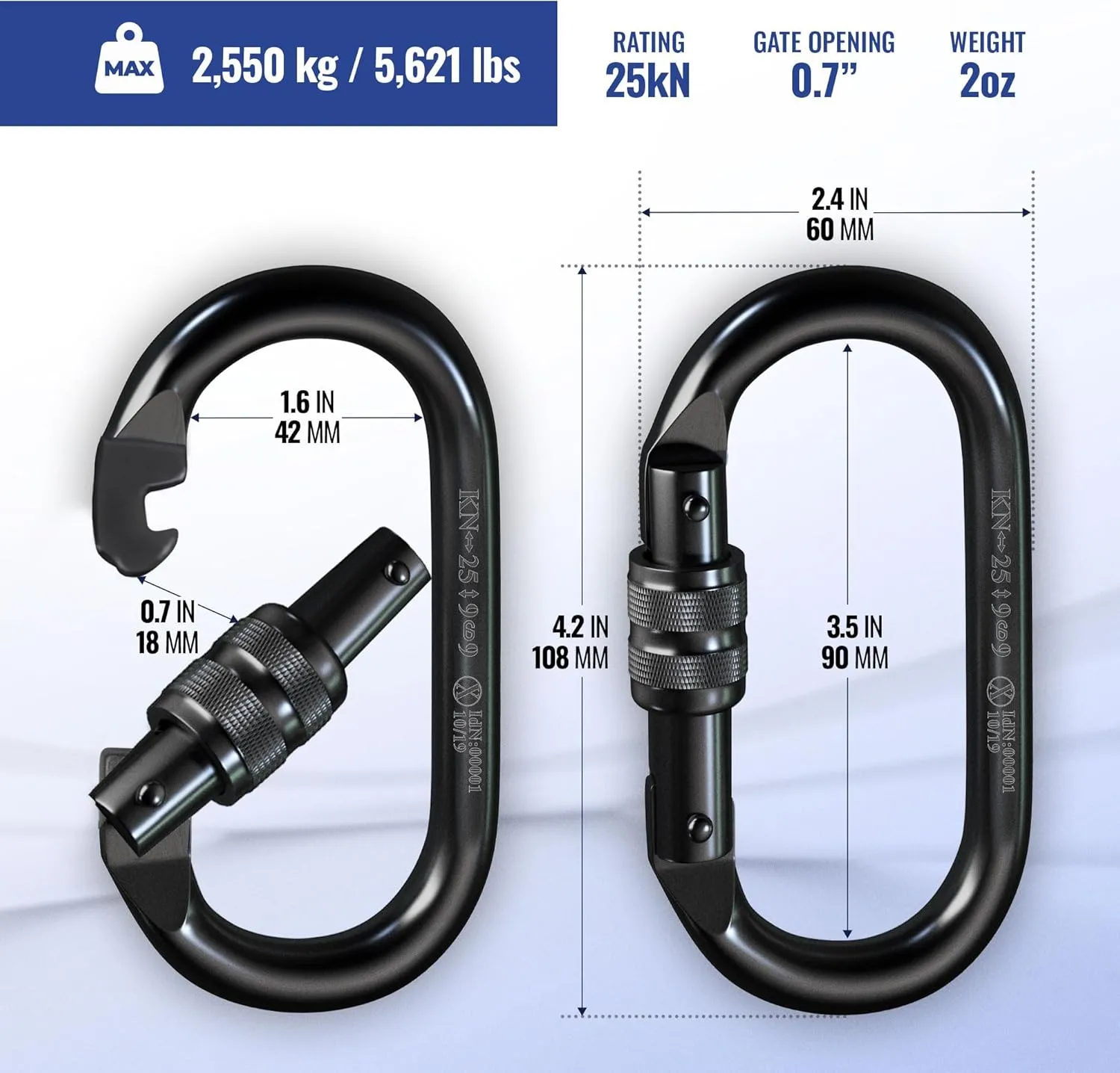 Carabiner Clip – UIAA Certified 25 kN 5620 LB, Large Heavy Duty Carabiners for Climbing: Oval-Shape, Screw Locking Steel Caribeener Clips, Hammocks, Hiking, Camping – Durable & Tested