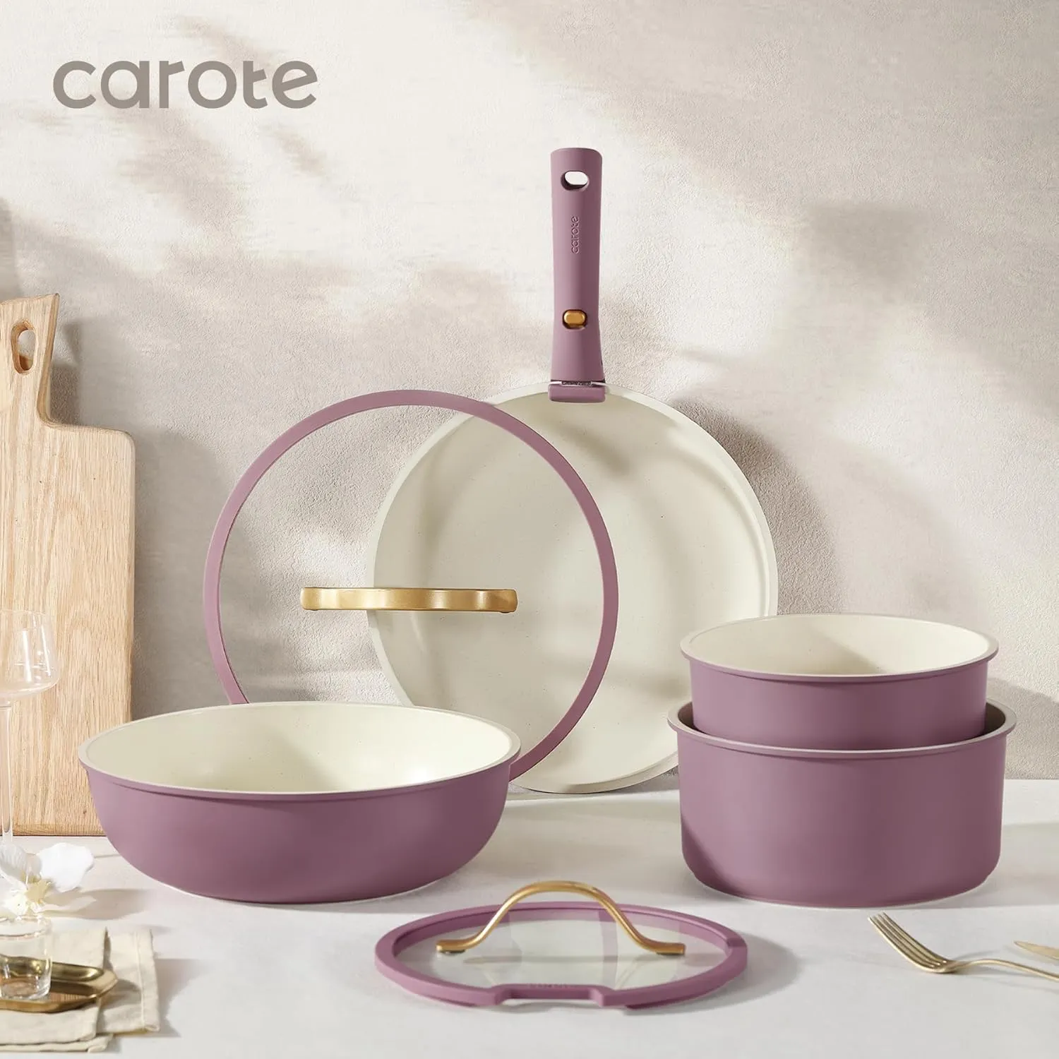 CAROTE 16pcs Pots and Pans Set, Nonstick Cookware Set Detachable Handle, Induction Kitchen Cookware Sets Non Stick with Removable Handle, RV Cookware Set, Gold and Purple