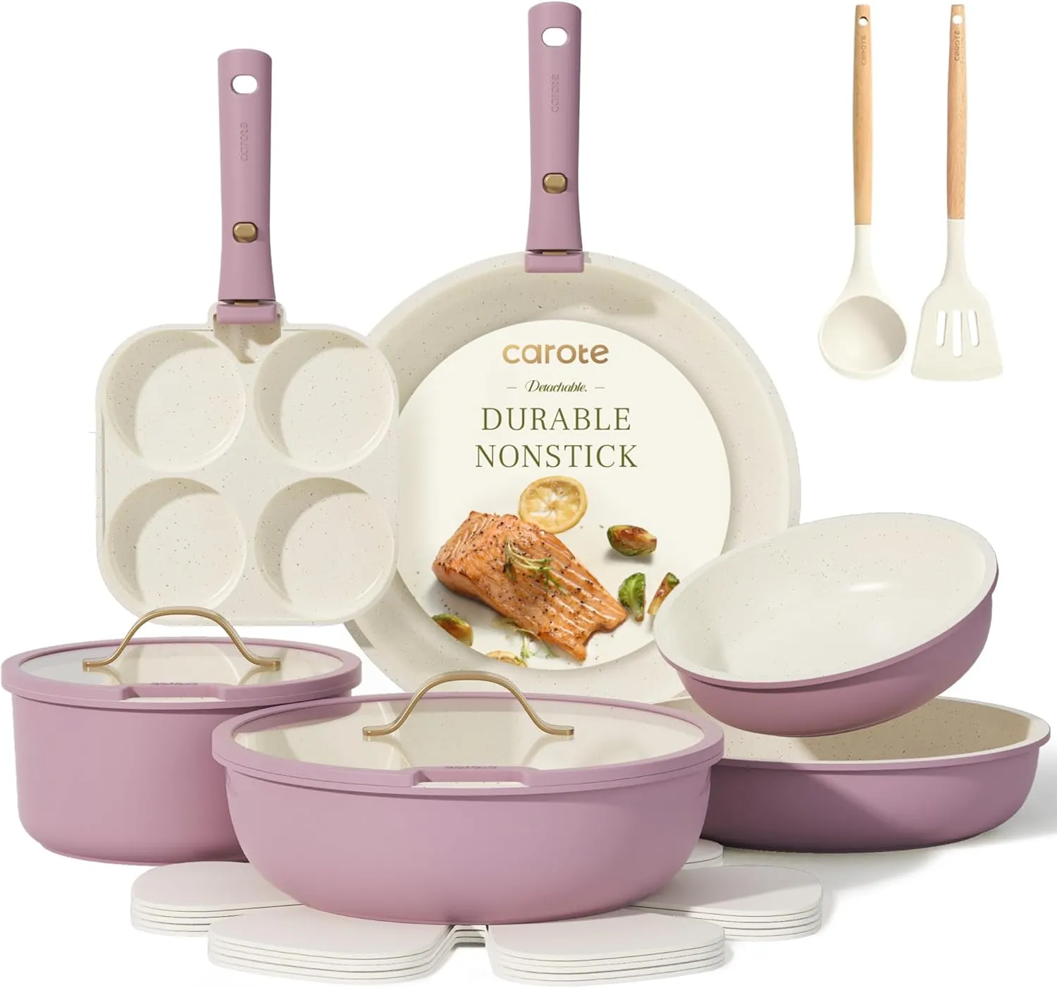 CAROTE 16pcs Pots and Pans Set, Nonstick Cookware Set Detachable Handle, Induction Kitchen Cookware Sets Non Stick with Removable Handle, RV Cookware Set, Gold and Purple