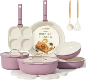 CAROTE 16pcs Pots and Pans Set, Nonstick Cookware Set Detachable Handle, Induction Kitchen Cookware Sets Non Stick with Removable Handle, RV Cookware Set, Gold and Purple