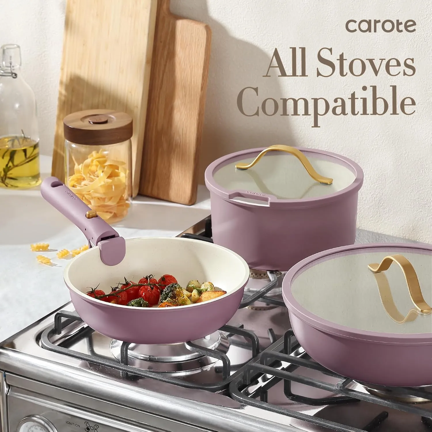 CAROTE 16pcs Pots and Pans Set, Nonstick Cookware Set Detachable Handle, Induction Kitchen Cookware Sets Non Stick with Removable Handle, RV Cookware Set, Gold and Purple
